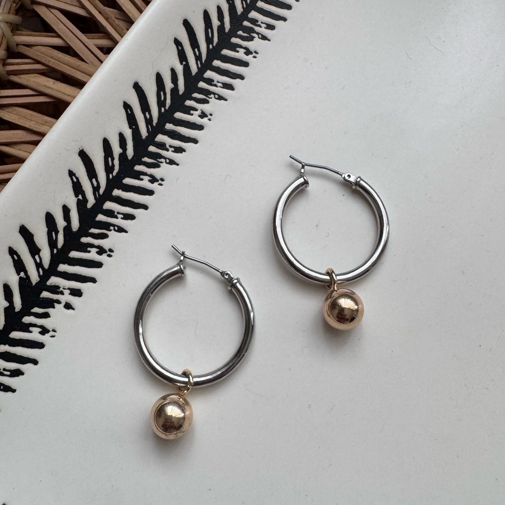 Silver Hoop Earrings with Gold Dangle Ball